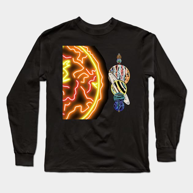 Electric Solar System Almost to Scale Neon Sun and Planets Long Sleeve T-Shirt by gkillerb